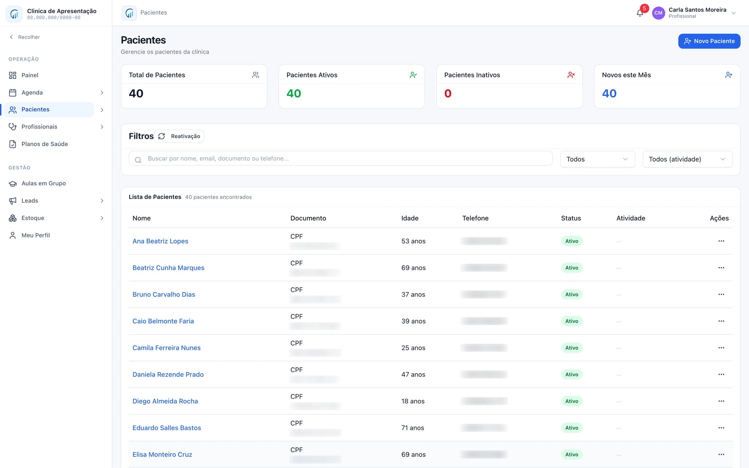 Lista de pacientes da NexaNow com documento, idade, telefone e status