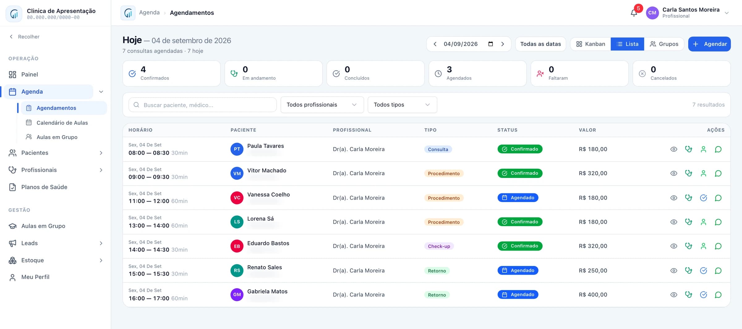 Agenda da NexaNow em lista, com horários, profissional, tipo de atendimento e status